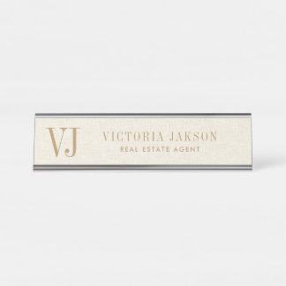 Cozy Light Beige Linen With Tan Monogram Desk Name Plate