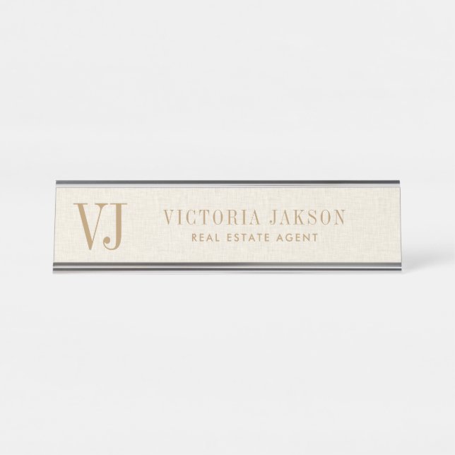 Cozy Light Beige Linen With Tan Monogram Desk Name Plate (Front)