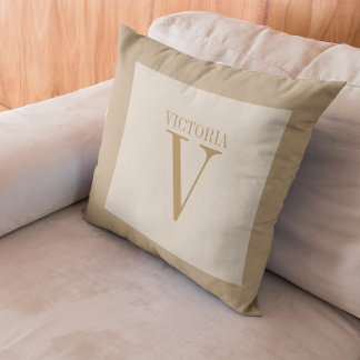 Cozy Light Beige Linen With Tan Monogram Throw Pillow