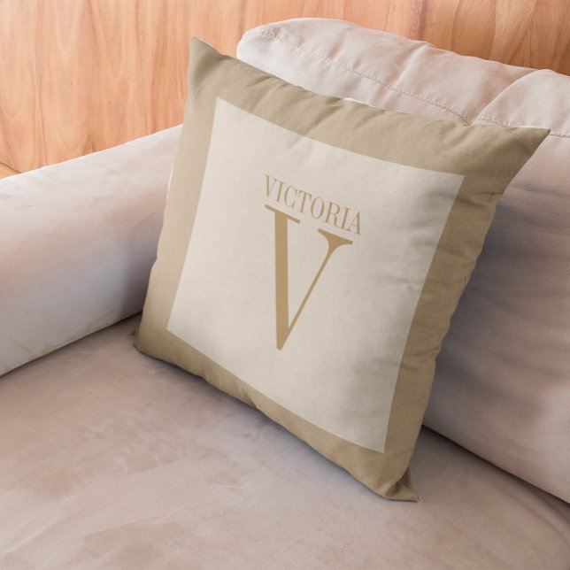Cozy Light Beige Linen With Tan Monogram Throw Pillow (Creator Uploaded)