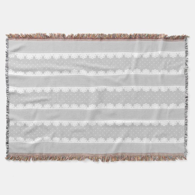 Cozy Light Gray & White Lace Striped Pattern Throw Blanket (Front)