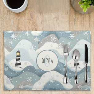 Cozy Lighthouse with Icy Waves Winter Nautical Cloth Placemat