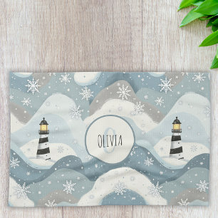 Cozy Lighthouse with Icy Waves Winter Nautical Kitchen Towel