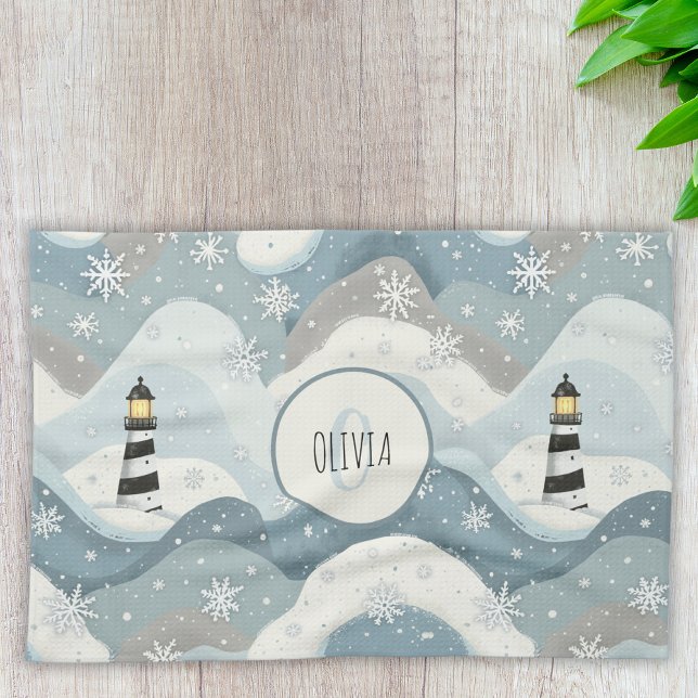 Cozy Lighthouse with Icy Waves Winter Nautical Kitchen Towel (Creator Uploaded)