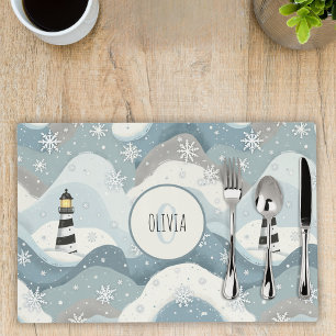 Cozy Lighthouse with Icy Waves Winter Nautical Placemat