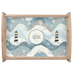 Cozy Lighthouse with Icy Waves Winter Nautical Serving Tray