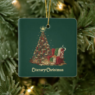Cozy Literary Christmas Tree of Books Book Lover Ceramic Ornament
