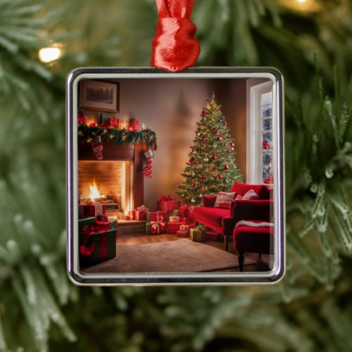 Cozy living room decorated for Christmas Metal Ornament