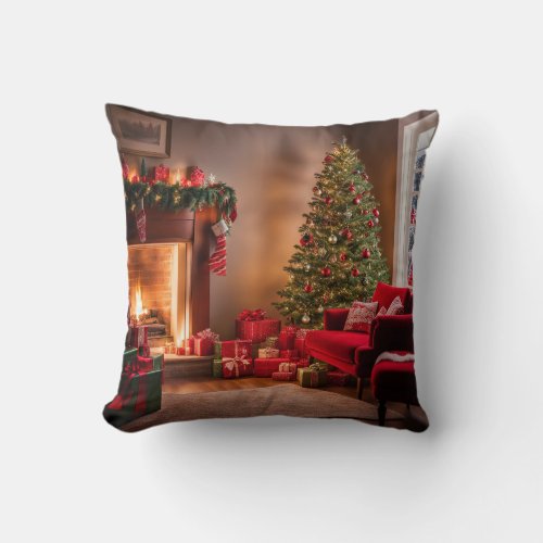 Cozy living room decorated for Christmas Throw Pillow