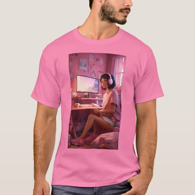 "Cozy Lofi Vibes: Cute Girl in Pastel Haven" T-Shirt (Front)