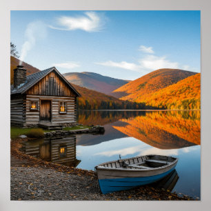Cozy Log Cabin Fall Autumn Lake Reflection Poster