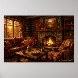 Cozy Log Cabin Living Room Wall Art Print