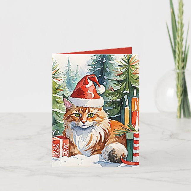 Cozy Maine Coon Christmas Snow Scene Holiday Card (Front)
