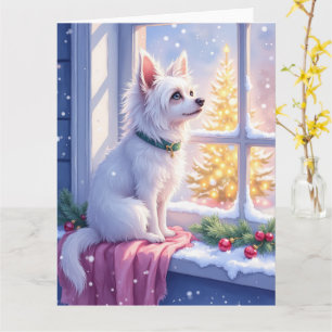 Cozy Maltese by Snowy Window Christmas Dog Art Card