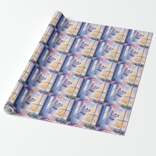 Cozy Maltese by Snowy Window Christmas Dog Art Wrapping Paper (Unrolled)