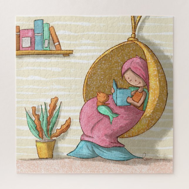 Cozy Mermaid Reading with Cat Mermaid Illustrated Jigsaw Puzzle (Vertical)