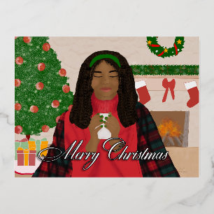 Cozy Merry Christmas - African American Christmas Foil Holiday Postcard