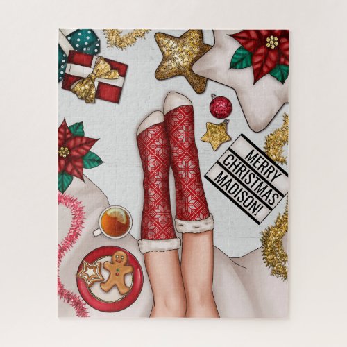 Cozy Merry Christmas Gingerbread Red Sweater Socks Jigsaw Puzzle
