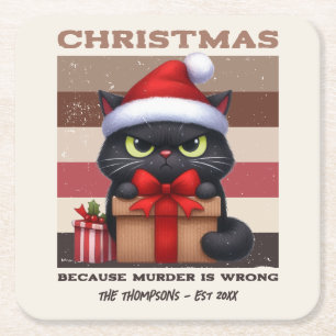 Cozy Mocha Mousse Funny Cat Retro Christmas Square Paper Coaster