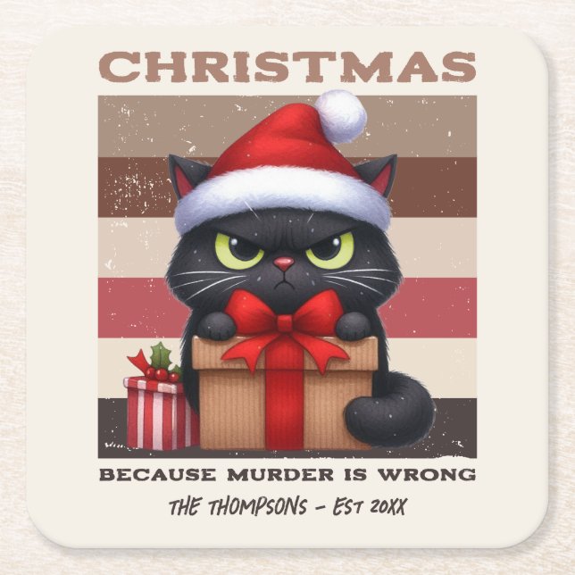 Cozy Mocha Mousse Funny Cat Retro Christmas Square Paper Coaster (Front)