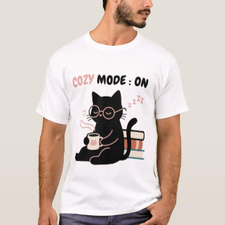 Cozy Mode On Cute Black Cat Coffee Books T-Shirt
