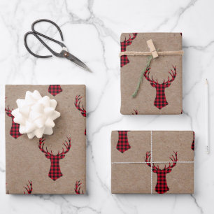 Cozy Modern Deer Kraft Plaid Christmas Wrapping Paper Sheets