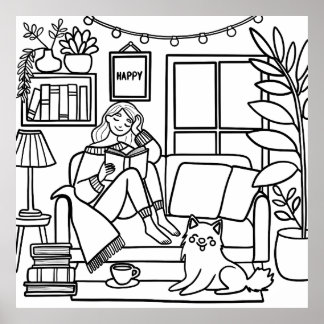Cozy Moment for Reading, Reading Girl, Coloring Poster