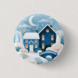 Cozy Moon Winter Village Snowy Cottage Button