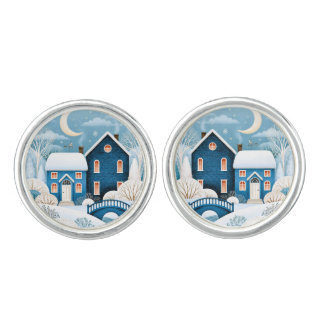 Cozy Moon Winter Village Snowy Cottage Cufflinks