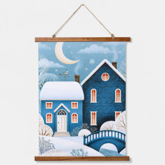 Cozy Moon Winter Village Snowy Cottage Hanging Tapestry
