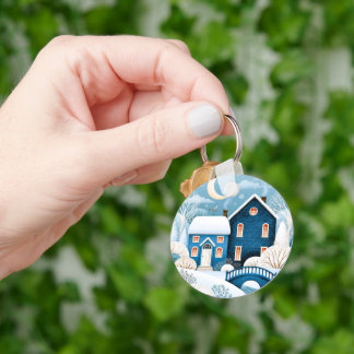 Cozy Moon Winter Village Snowy Cottage Keychain