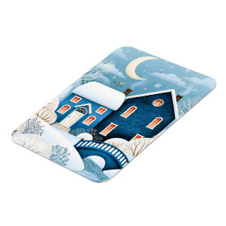 Cozy Moon Winter Village Snowy Cottage Magnet