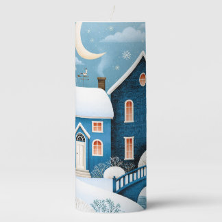Cozy Moon Winter Village Snowy Cottage Pillar Candle