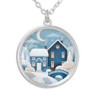 Cozy Moon Winter Village Snowy Cottage Silver Plated Necklace