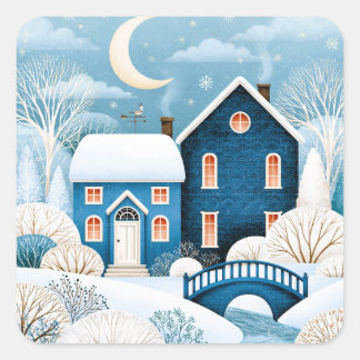 Cozy Moon Winter Village Snowy Cottage Square Sticker