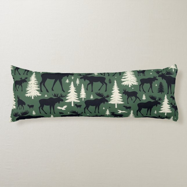 Cozy Moose and Pines Forest Green Body Pillow (Front)