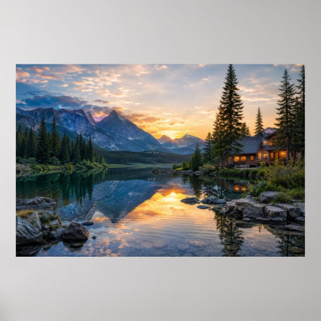 Cozy Mountain Cabin on Pristine Reflection Lake Poster (Front)