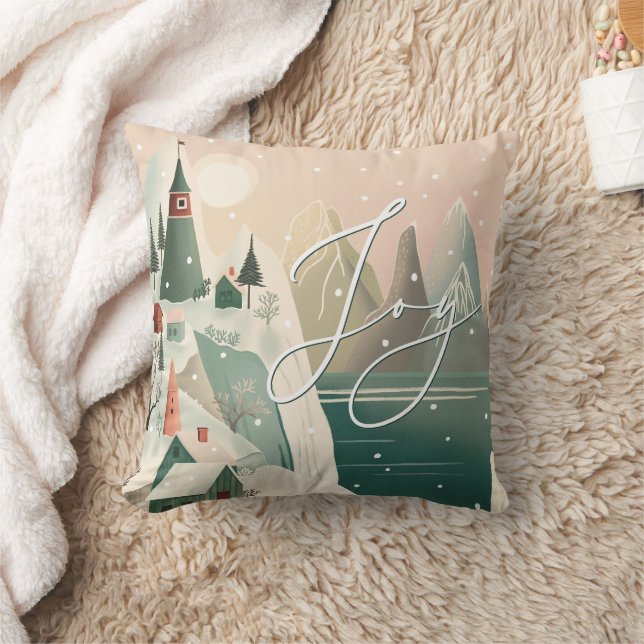 Cozy Mountain Village Holiday | Joy Christmas Throw Pillow (Blanket)