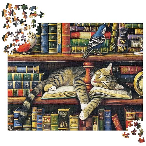 Cozy Multicolored Realistic Library Cat Scene Jigsaw Puzzle