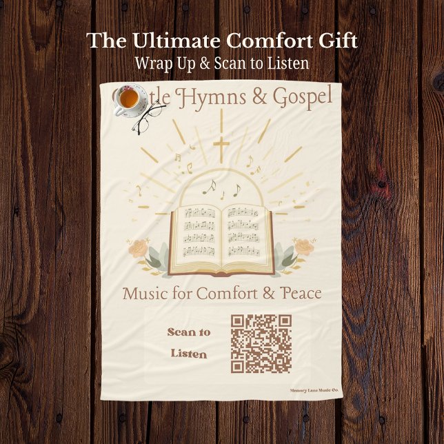 Cozy Music Therapy QR Code Blanket - Classic Hymns (Senior sensory blanket featuring a vintage hymn book and a scannable QR code for classic hymns.)