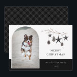 Cozy Nature Arch Frame Photo Holiday Card<br><div class="desc">Trendy rustic Scandinavian style holiday photo card. Single photo with arch frame shape. Watercolor branch adorned with pinecones and decorative star ornaments,  chic typography design with trendy plaid pattern backing.</div>