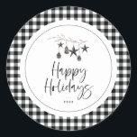Cozy Nature Holiday Classic Round Sticker<br><div class="desc">Modern simplistic cozy nature,  Holiday sticker. Watercolor branch adorned with pinecones and decorative star ornaments,  chic typography design with trendy plaid pattern border.</div>