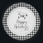 Cozy Nature Holiday Party Paper Plates<br><div class="desc">Modern simplistic cozy nature,  Holiday party paper plate. Watercolor branch adorned with pinecones and decorative star ornaments,  chic typography design with trendy plaid pattern border.</div>
