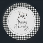 Cozy Nature Holiday Party Paper Plates<br><div class="desc">Modern simplistic cozy nature,  Holiday party paper plate. Watercolor branch adorned with pinecones and decorative star ornaments,  chic typography design with trendy plaid pattern border.</div>