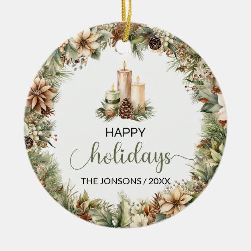 Cozy nature_inspired watercolor Christmas candles Ceramic Ornament