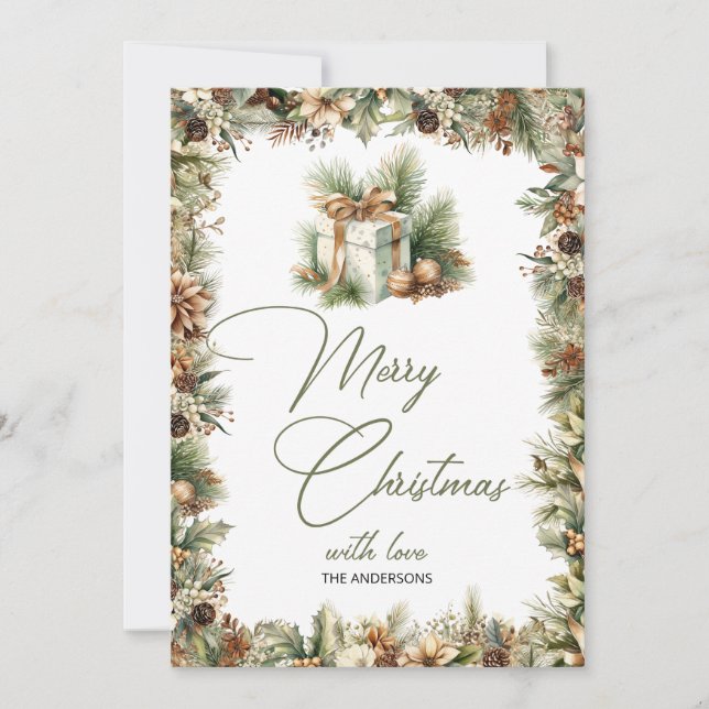 Cozy nature-inspired watercolor Christmas present Holiday Card (Front)