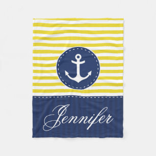 Cozy Nautical Yellow Blue Anchor Custom Text Fleece Blanket