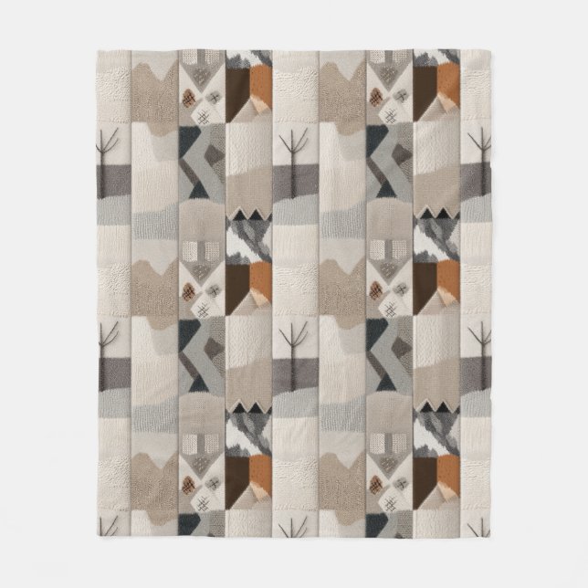 Cozy neutral patchwork pattern fleece blanket (Front)