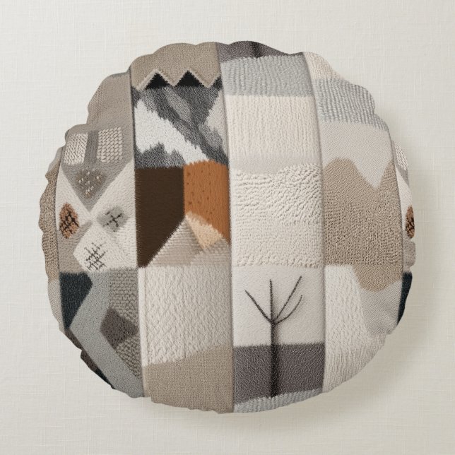 Cozy neutral patchwork pattern round pillow (Front)