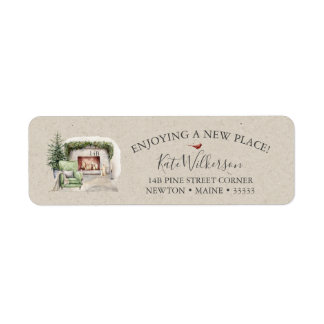 Cozy New Address with Fireplace Holiday Label